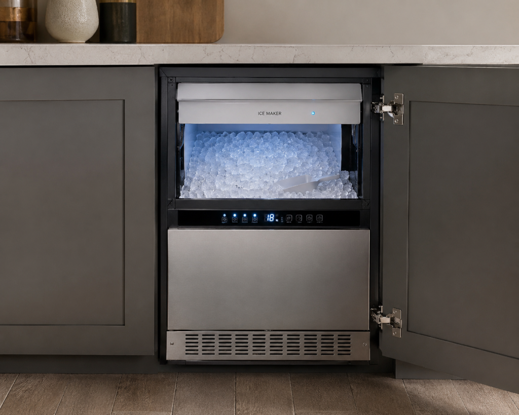 under counter ice maker placed inside the counter shelve.