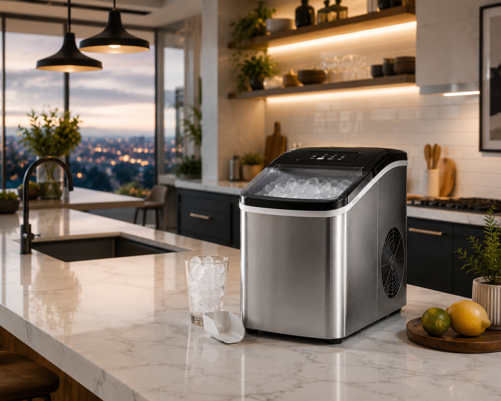 Countertop ice maker placed on kitchen shelf with a modern kitchen view.