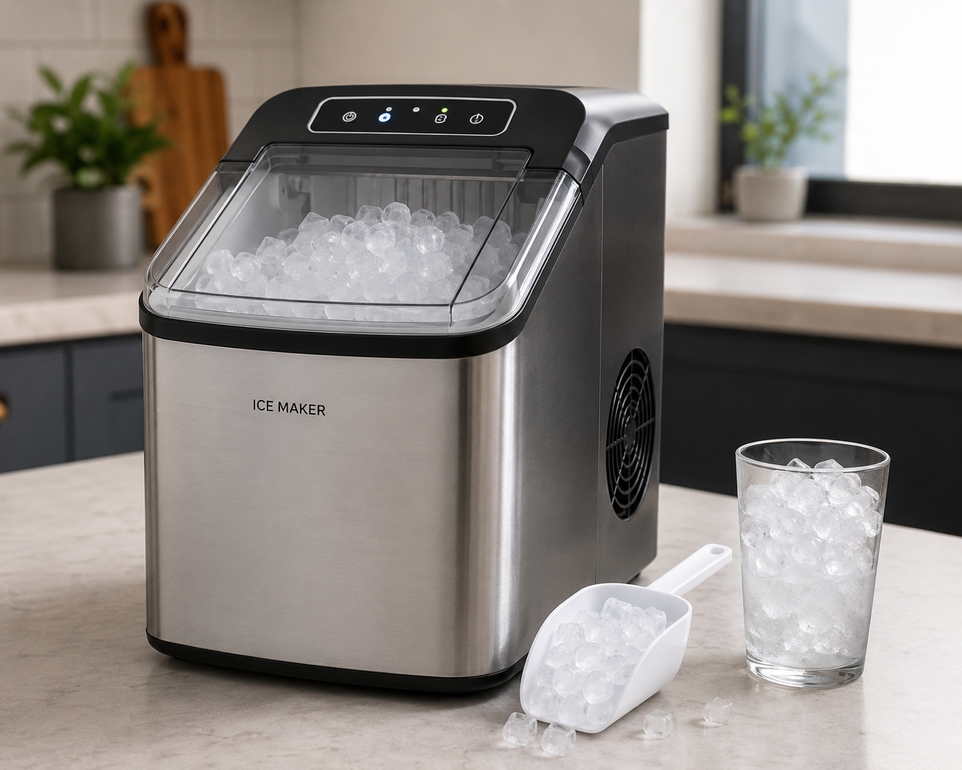 ice maker on top of kitchen counter with glass and scoop full of ice.